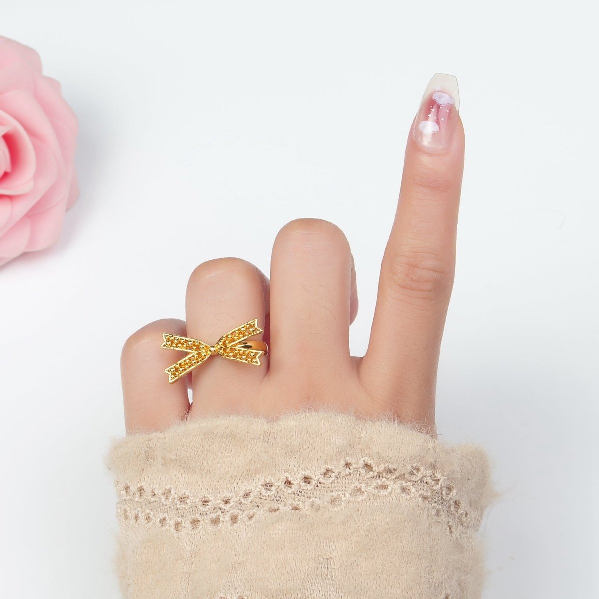 24K Gold Filled Beaded Bubble Ribbon Bow Ring | O1392