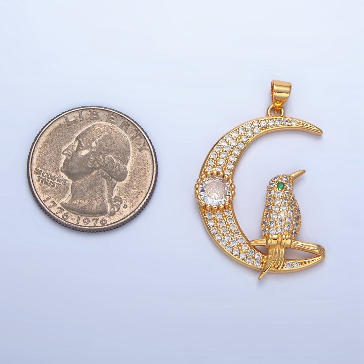 24K Gold Filled Bird Celestial Crescent Moon Micro Paved CZ Pendant | AA786