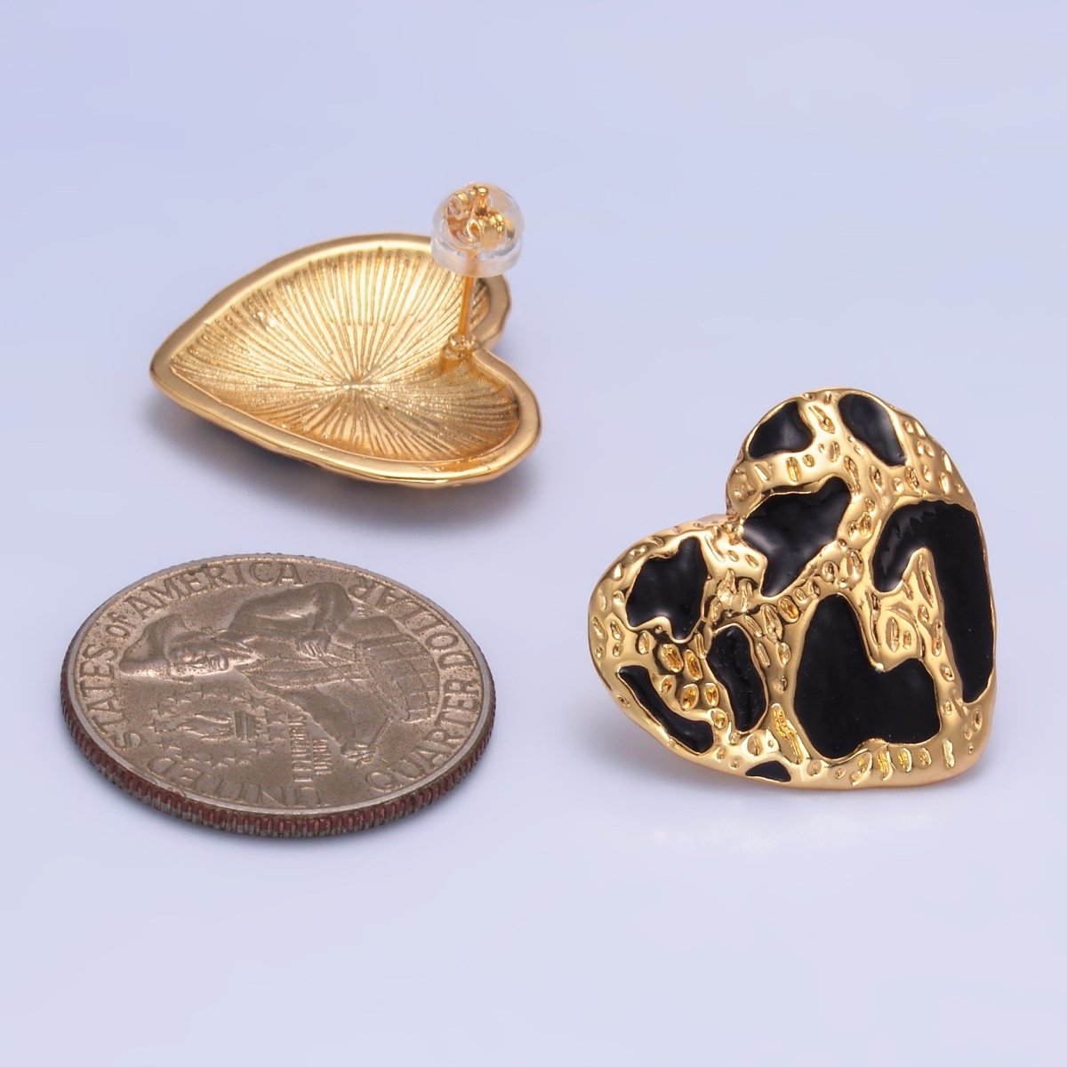 24K Gold Filled Black Enamel Cheetah Textured Heart Stud Earrings in Gold & Silver | AB1496 AB1549