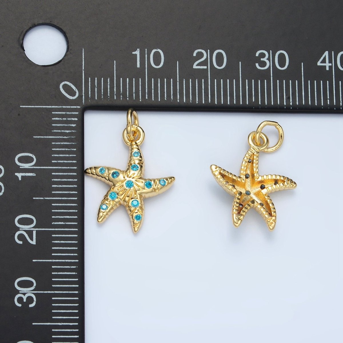 24K Gold Filled Blue CZ Micro Paved Textured Starfish Sea Animal Charm | M-896