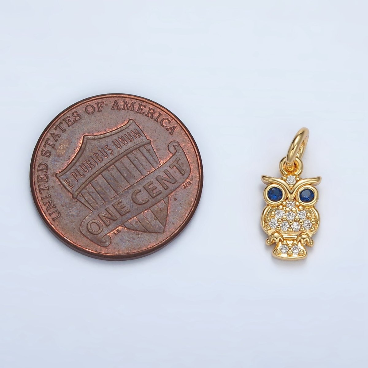 24K Gold Filled Blue-Eyed CZ Micro Paved Owl Bird Charm | E010