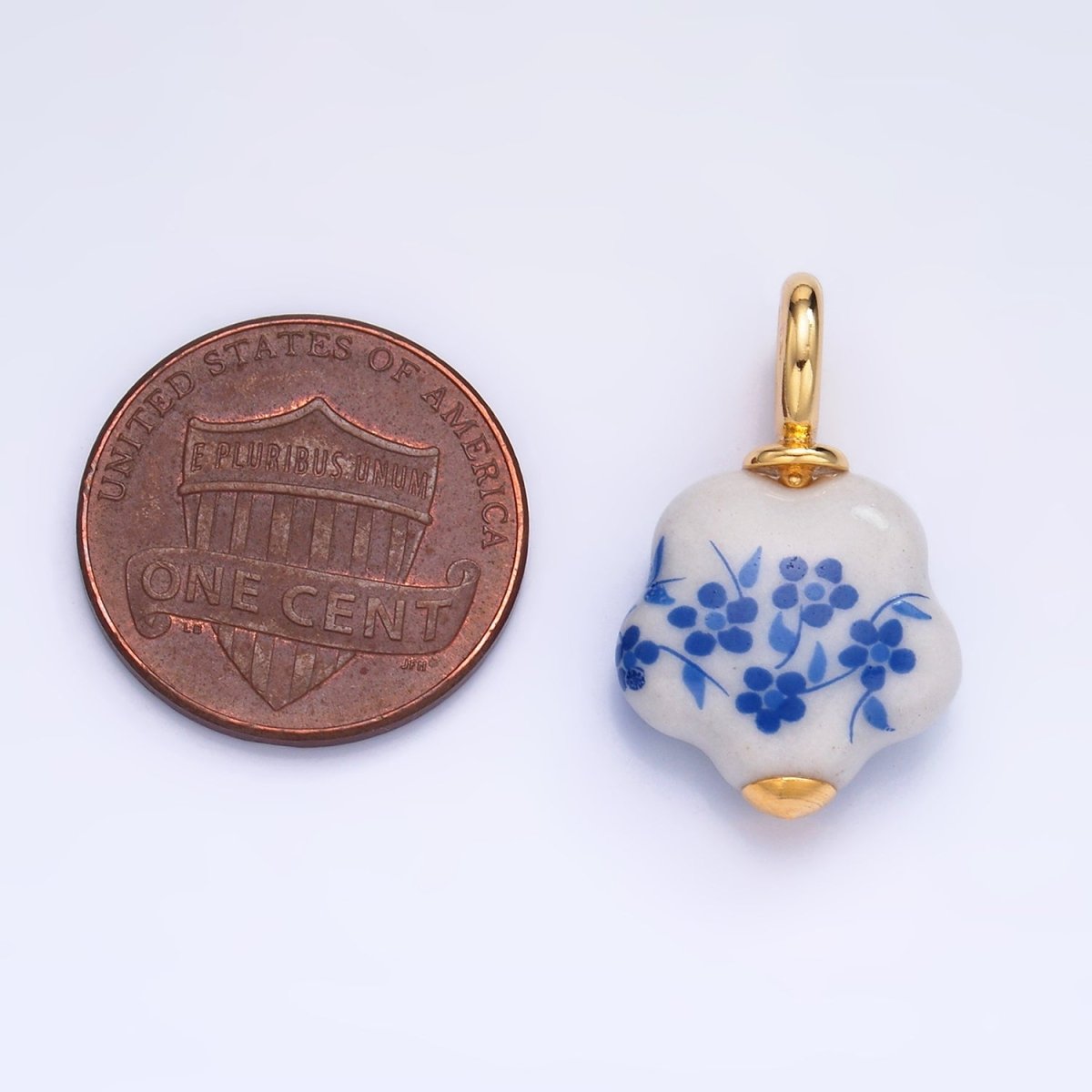 24K Gold Filled Blue Flower Ceramic Porcelain Drop Charm | W147