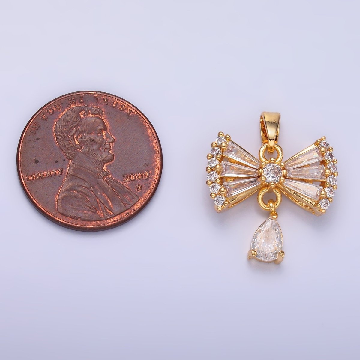24K Gold Filled Bow Ribbon Teardrop Baguette CZ Micro Paved Drop Pendant | AA1436