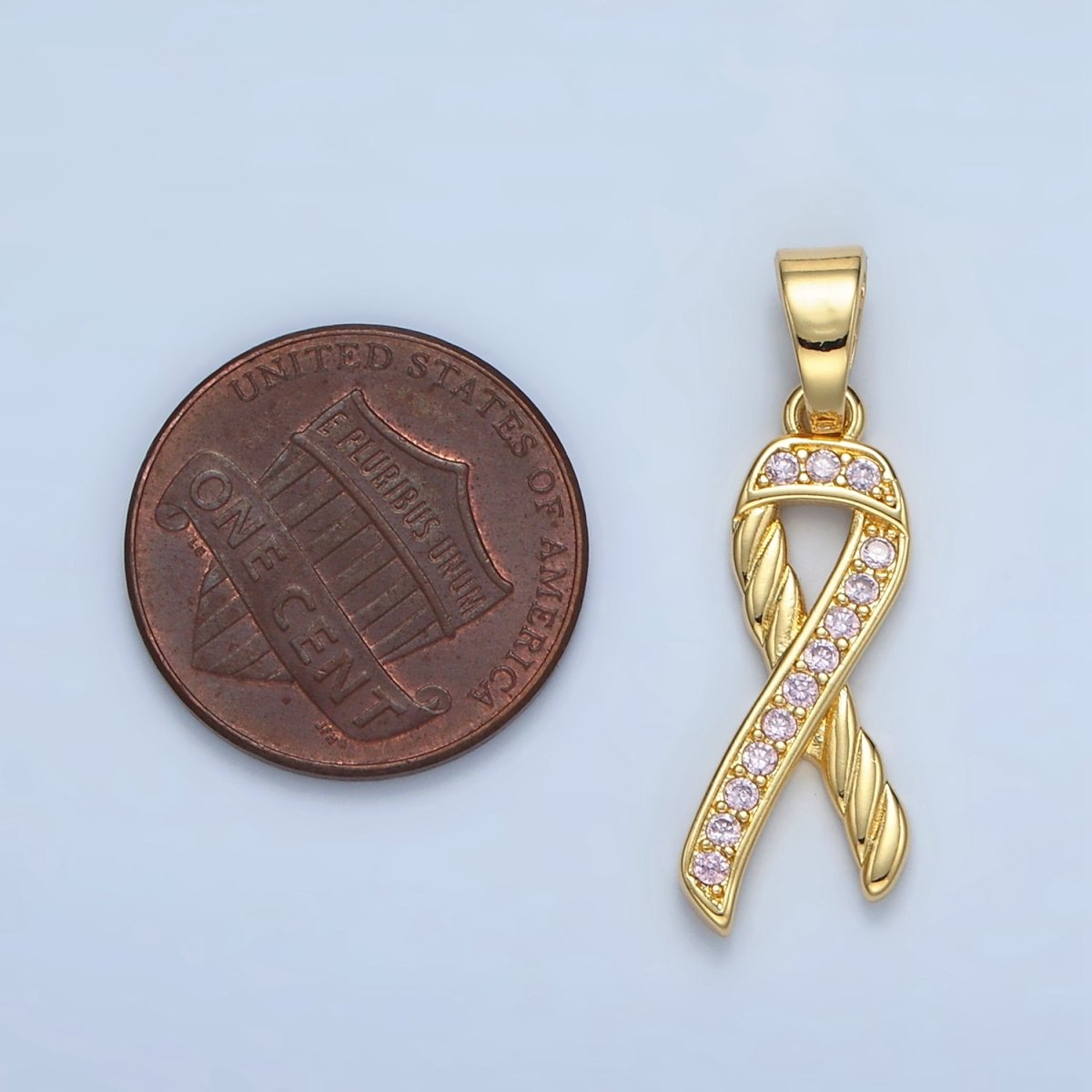 24K Gold Filled Breast Cancer Awareness Ribbon Pink Micro Paved CZ Pendant | I499