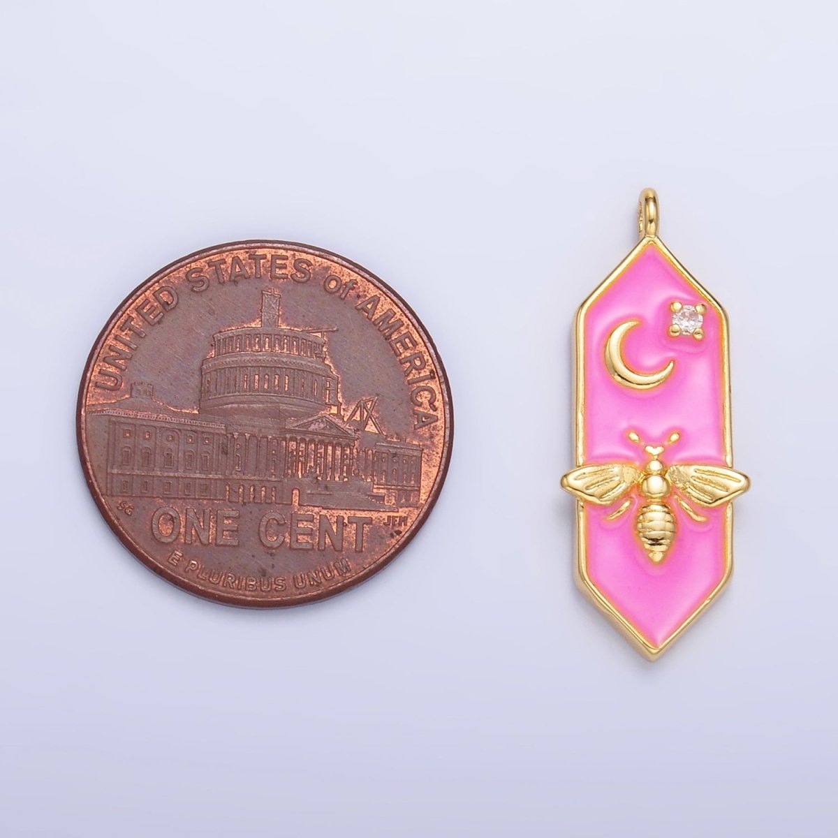 24K Gold Filled Bumble Bee Celestial Moon CZ Pink Enamel Hexagon Charm | W433