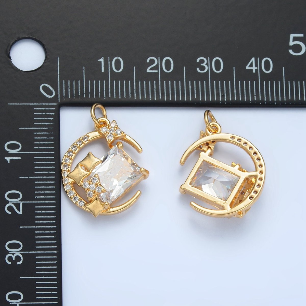 24K Gold Filled Celestial Crescent Moon Baguette Micro Paved CZ Charm | X288
