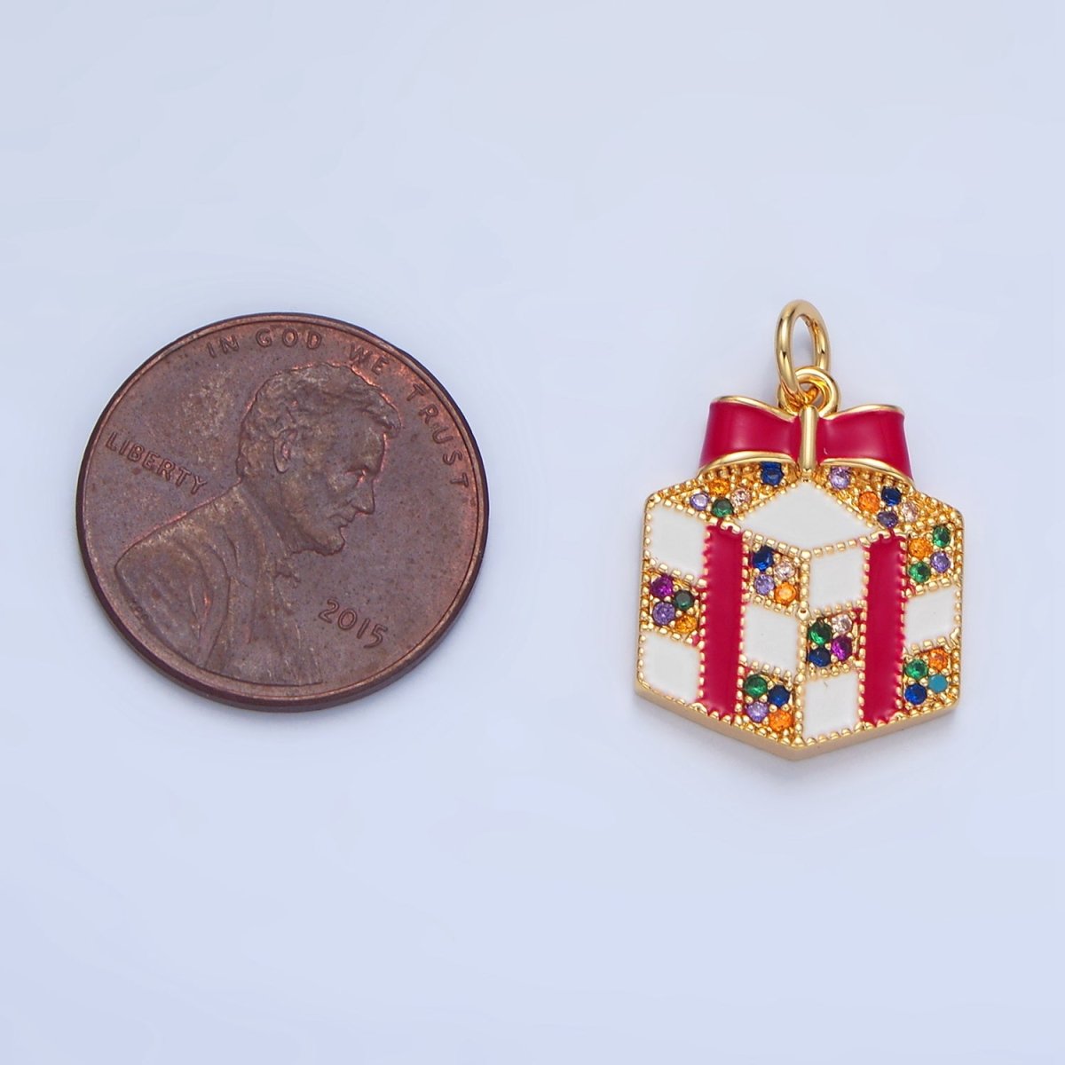 24K Gold Filled Christmas Present Multicolor Micro Paved CZ White Enamel Charm | X842