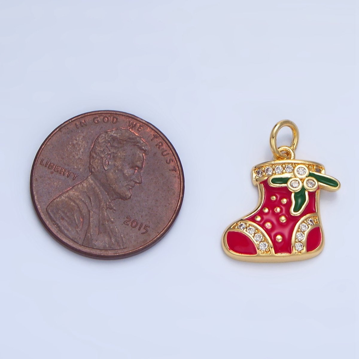 24K Gold Filled Christmas Sock Mistletoe Micro Paved CZ Enamel Charm | X843