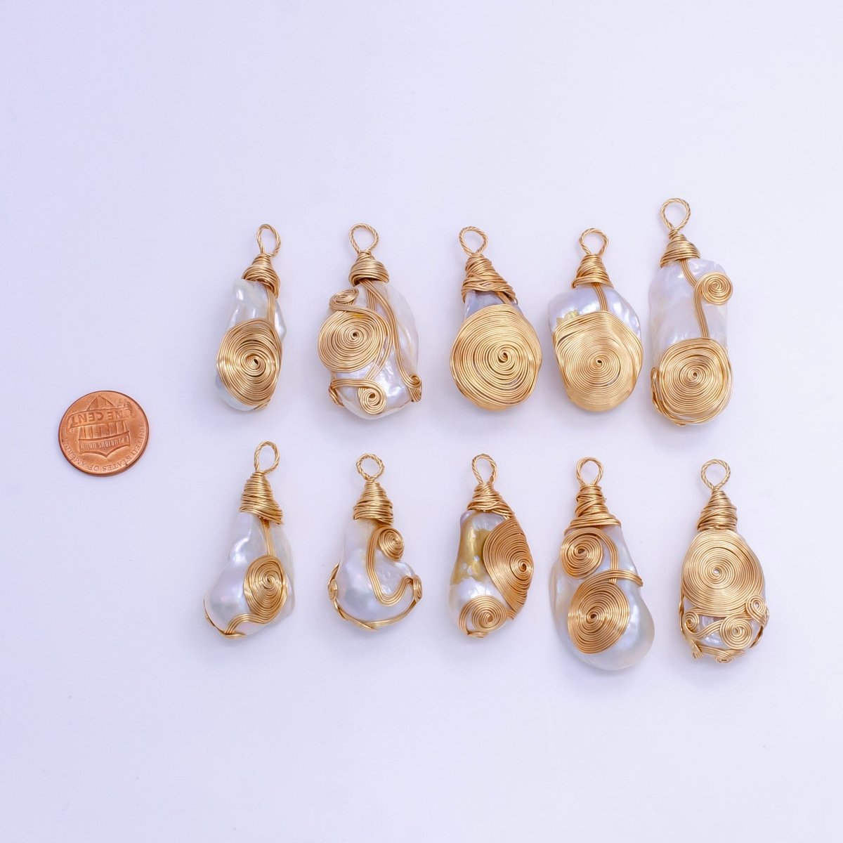 24K Gold Filled Circular Unique Wired Baroque Freshwater Pearl Pendant | P1854 T