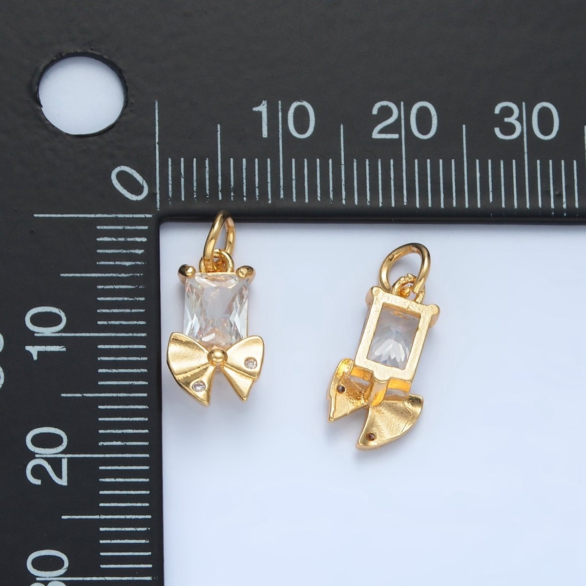 24K Gold Filled Clear CZ Baguette Dotted Ribbon Bow Charm | X282