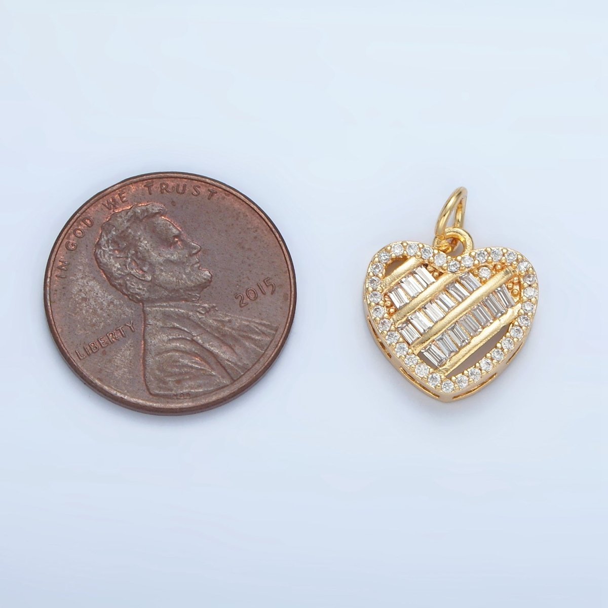 24K Gold Filled Clear CZ Baguette Micro Paved Heart Charm | N1380