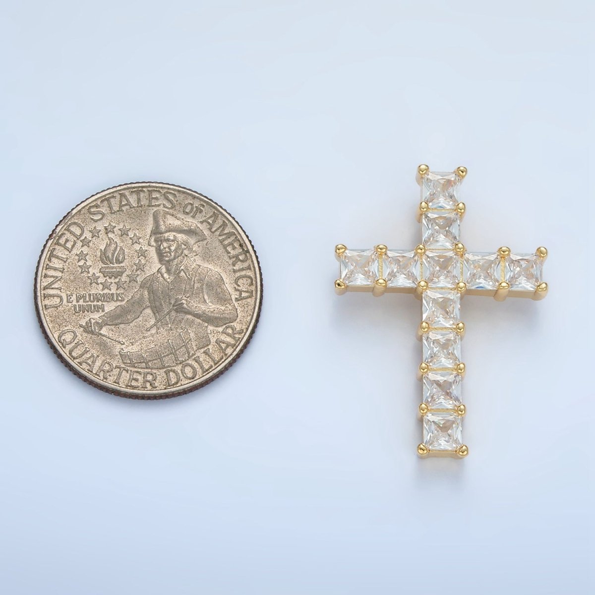 24K Gold Filled Clear CZ Baguette Religious Cross Pendant | AA869