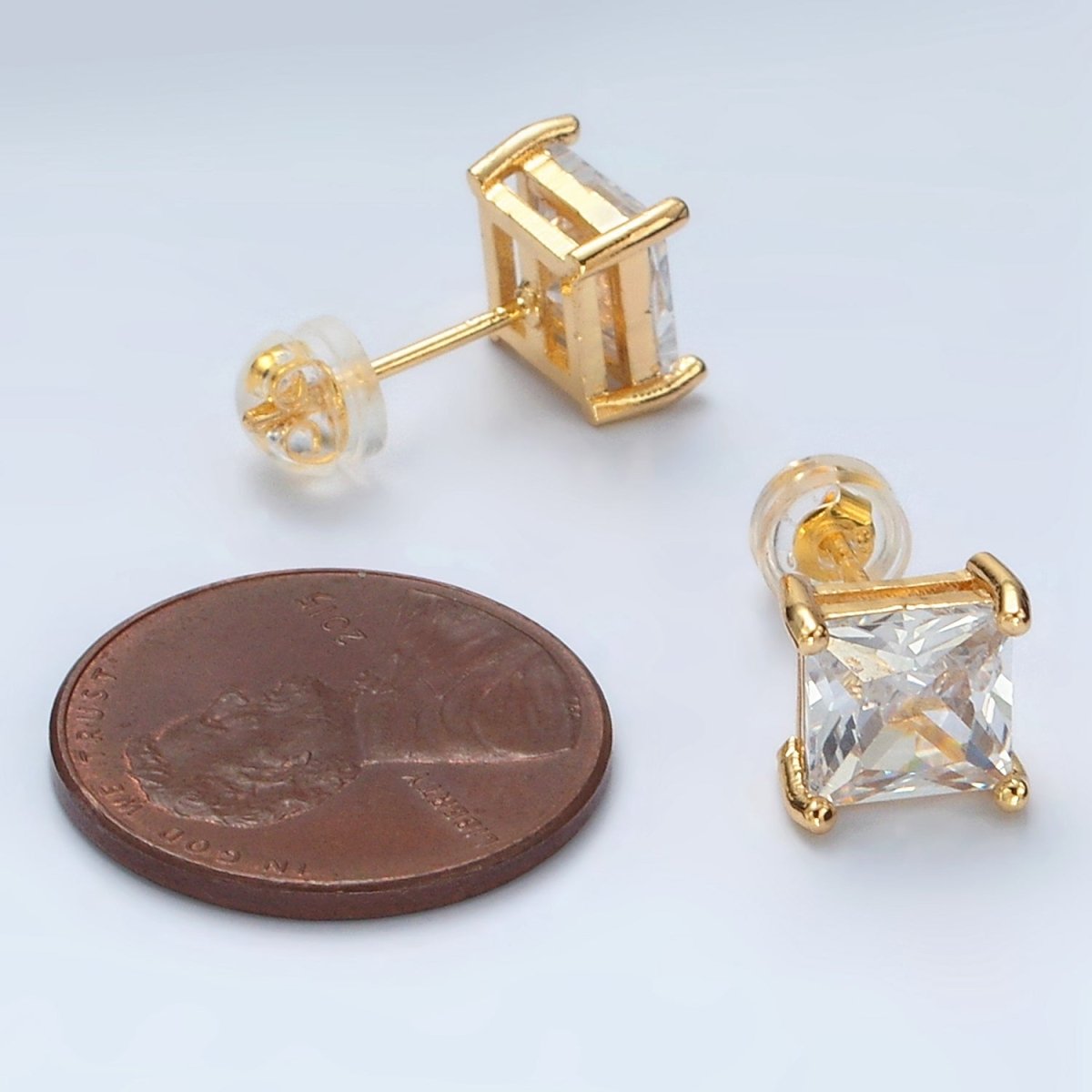24K Gold Filled 8.3mm Clear CZ Square Baguette Stud Earrings | AB1222