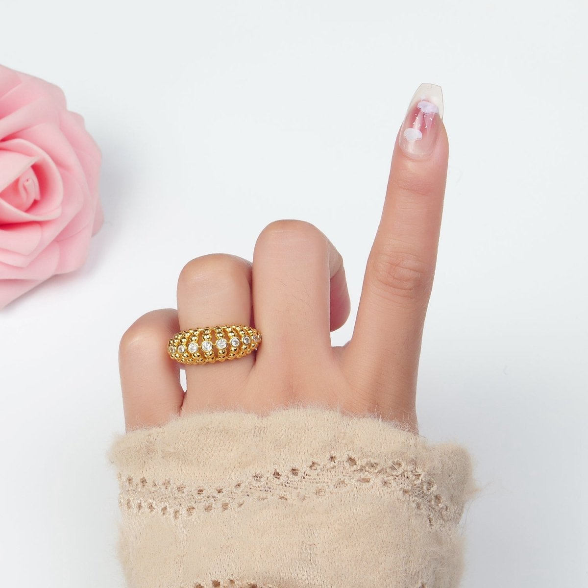 24K Gold Filled Clear CZ Beaded Bubble Geometric Ring | O1395