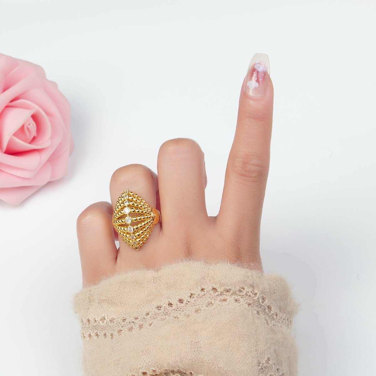 24K Gold Filled Clear CZ Beaded Bubble Sphere Geometric Ring | O1394