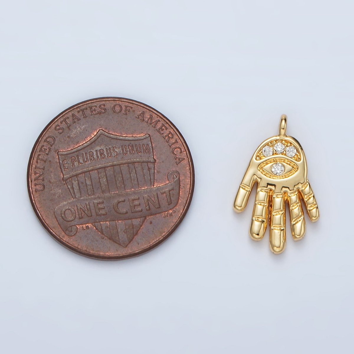 24K Gold Filled Clear CZ Evil Eye Hamsa Hand Religious Charm | M808