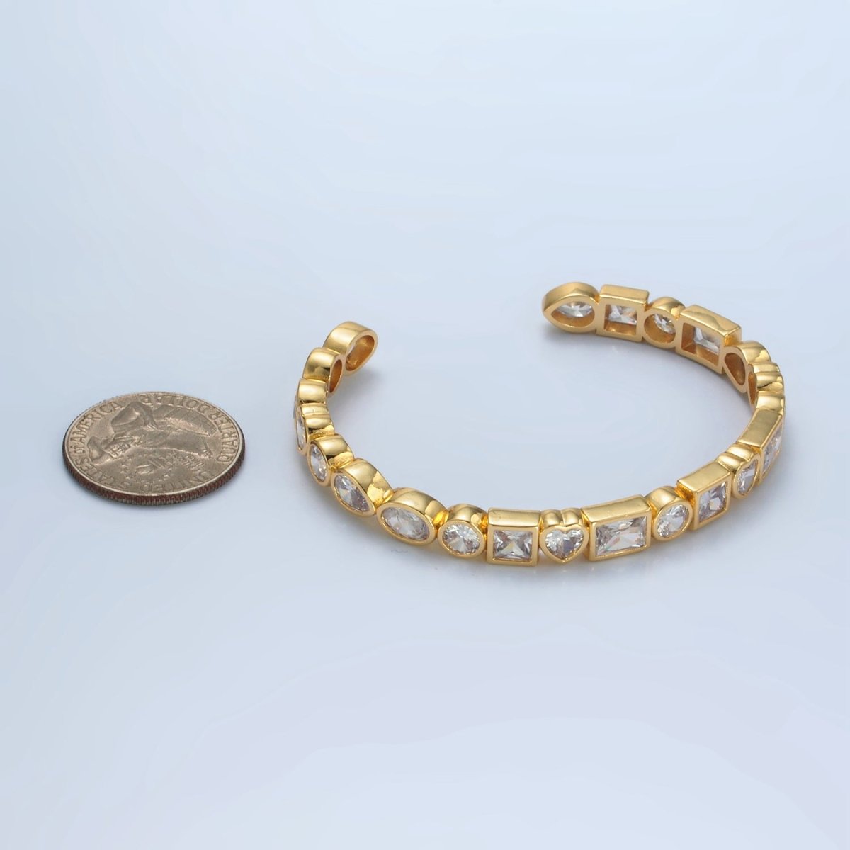 24K Gold Filled Clear CZ Heart Baguette Oval Lined Bangle Cuff Bracelet | WA-2561