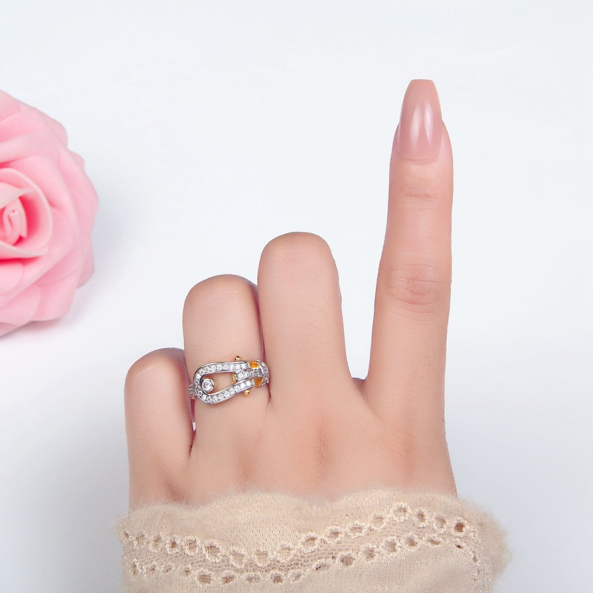 24K Gold Filled Clear CZ Micro Paved Buckle Mixed Metal Ring | O1410