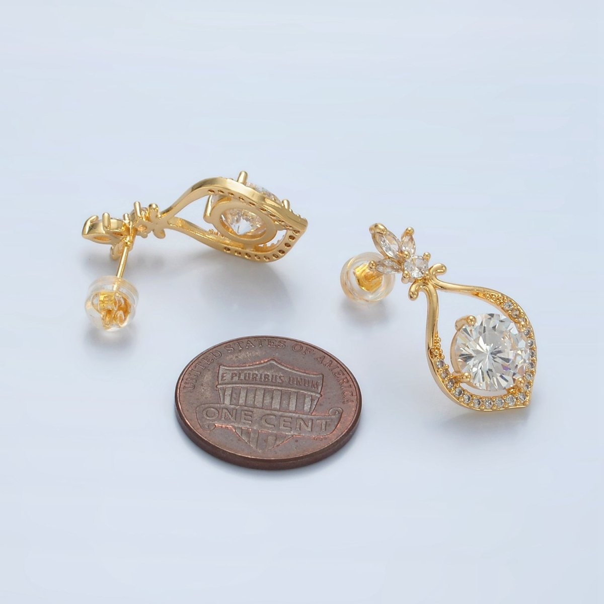 24K Gold Filled Clear CZ Micro Paved Fleur Open Curved Stud Earrings | AD750