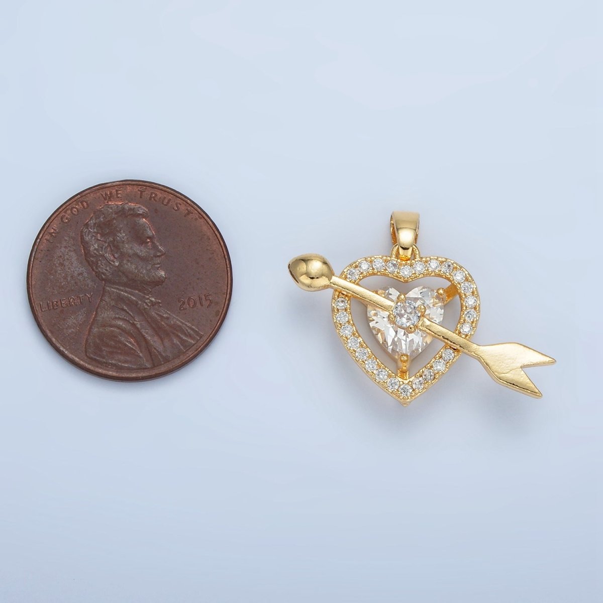 24K Gold Filled Clear CZ Micro Paved Open Heart Arrow Cupid Pendant | AA870
