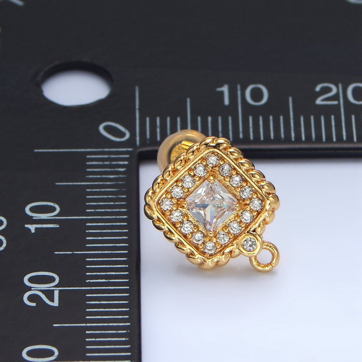 24K Gold Filled Clear CZ Micro Paved Square Braided Bezel Open Loop Drop Stud Earring Findings | Z957