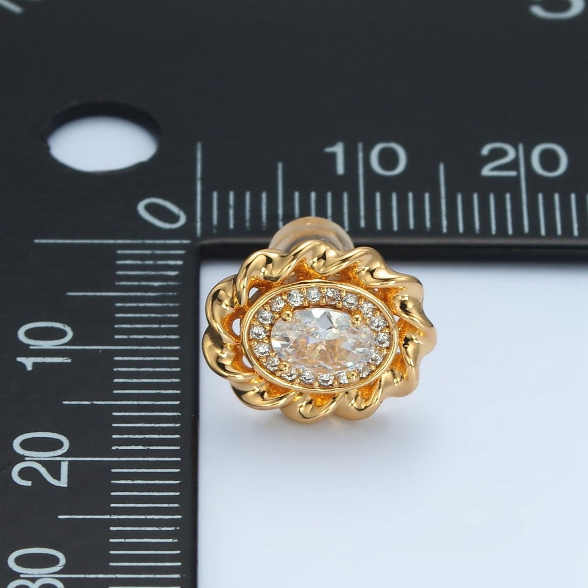 24K Gold Filled Clear CZ Micro Paved Oval Twisted Bezel Stud Earrings | AD740