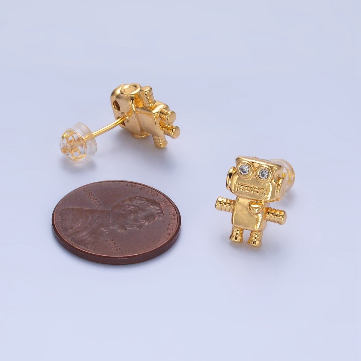 24K Gold Filled Clear CZ Robot Machine Stud Earrings | P366