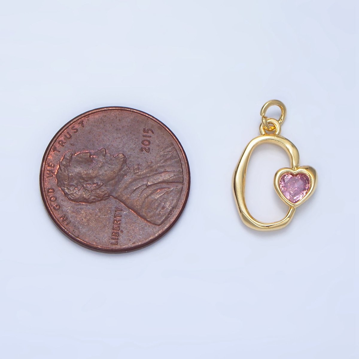 24K Gold Filled Clear, Pink CZ Heart Open Molten Oblong Charm | X856
