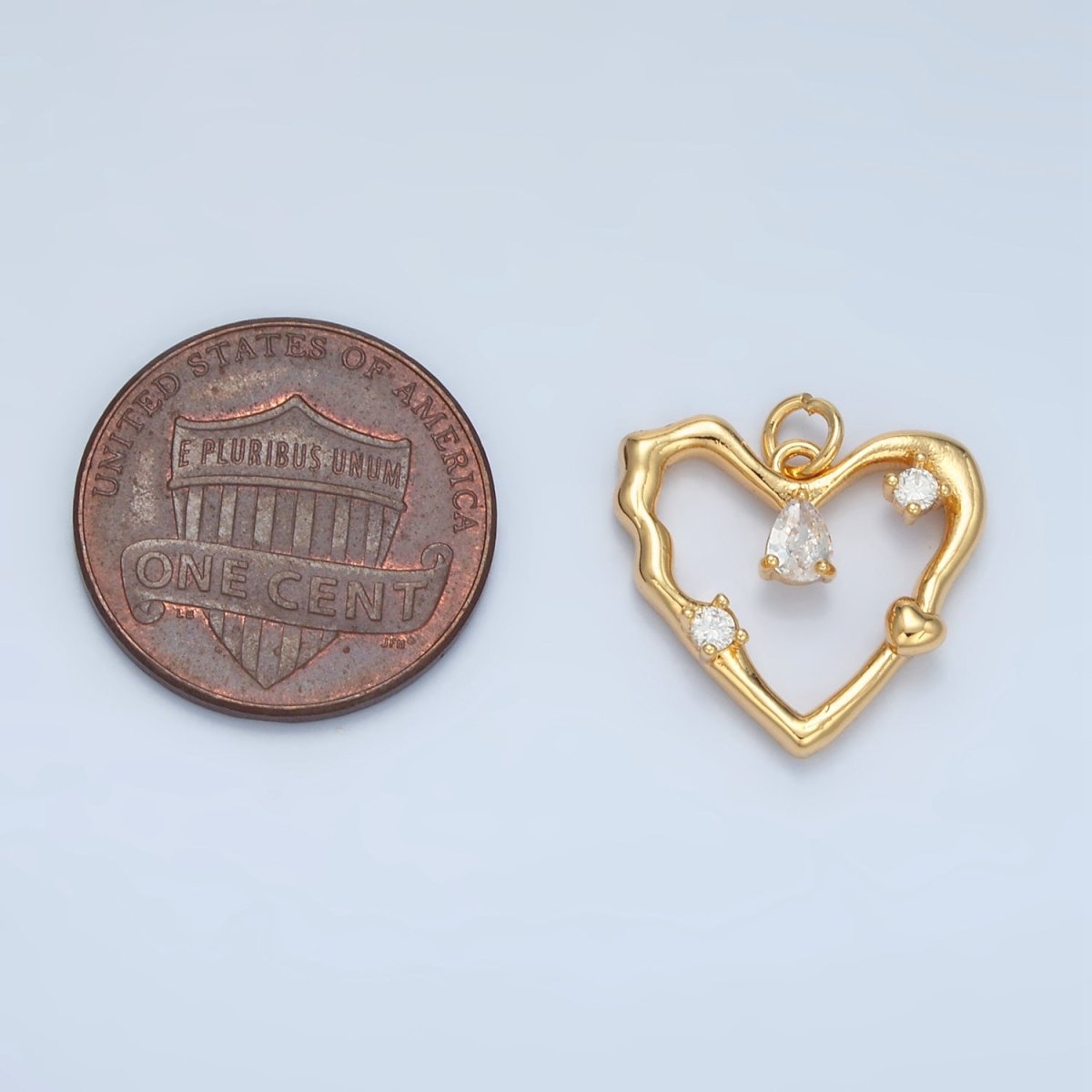 24K Gold Filled Clear Teardrop CZ Open Molten Heart Charm in Gold & Silver | E374