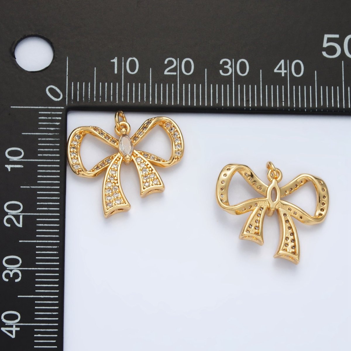 24K Gold Filled Cubic Zirconia Micro Paved Ribbon Bow Charm | D-865