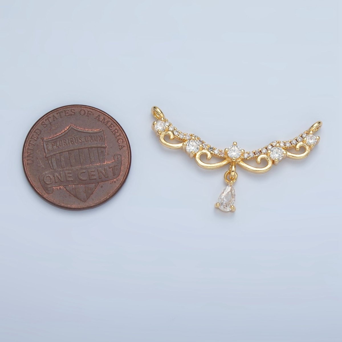 24K Gold Filled Curved Elaborate Micro Paved CZ Teardrop Drop Connector | F251