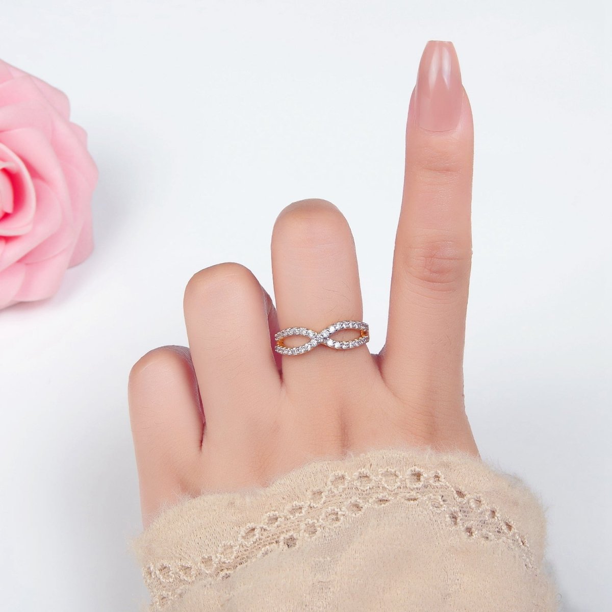 24K Gold Filled Curved Ribbon Micro Paved CZ Mixed Metal Ring | O1409