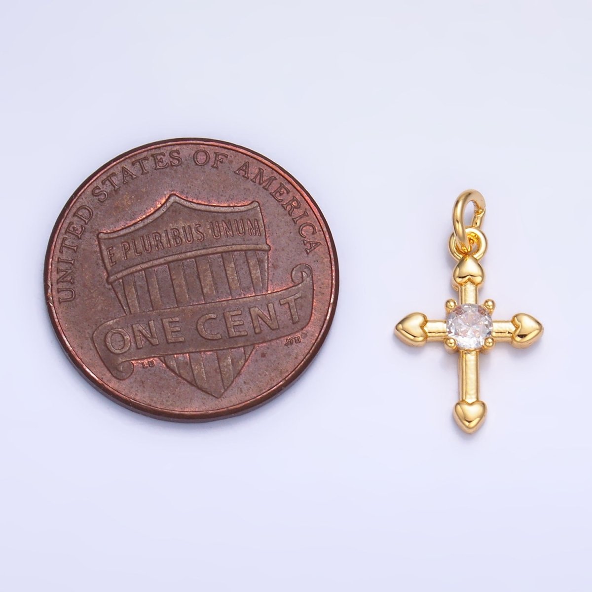 24K Gold Filled CZ Heart Religious Cross Charm in Gold & Silver | W377