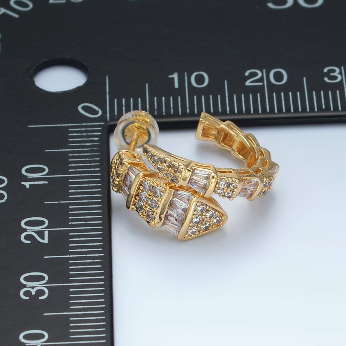24K Gold Filled 20mm Geometric Snake Serpent Baguette Micro Paved C-Shaped Hoop Earrings | AD736
