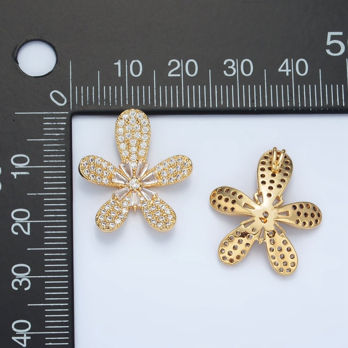 24K Gold Filled Clear CZ Baguette Micro Paved Daisy Flower Back Loop Pendant | AA861