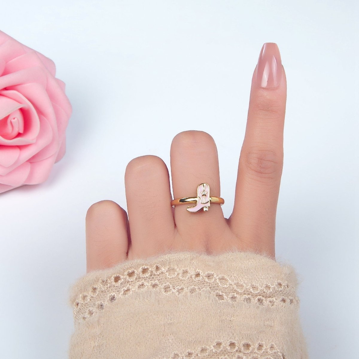 24K Gold Filled CZ Pink Enamel Cowboy Boots Ring | O979