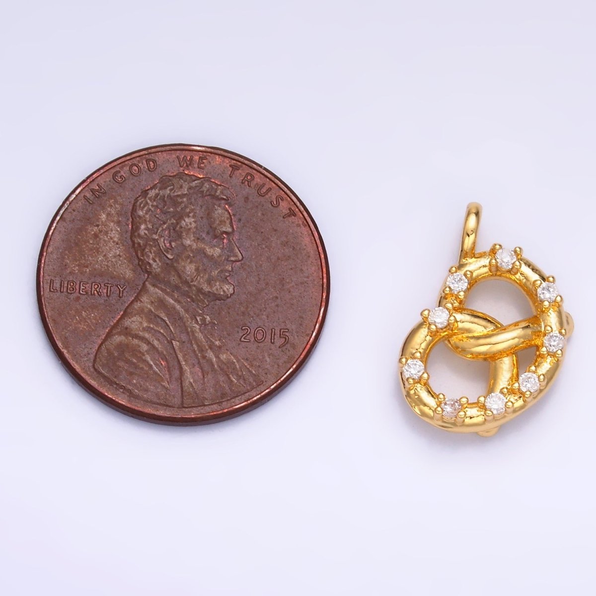 24K Gold Filled CZ Pretzel Pastry Food Charm in Gold & Silver | W340