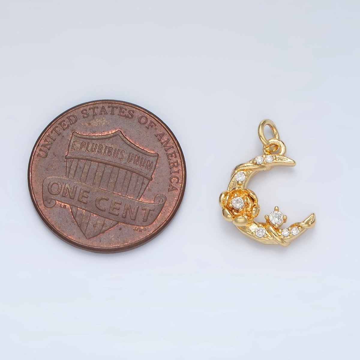 24K Gold Filled CZ Rose Flower Crescent Moon Celestial Charm | AC143