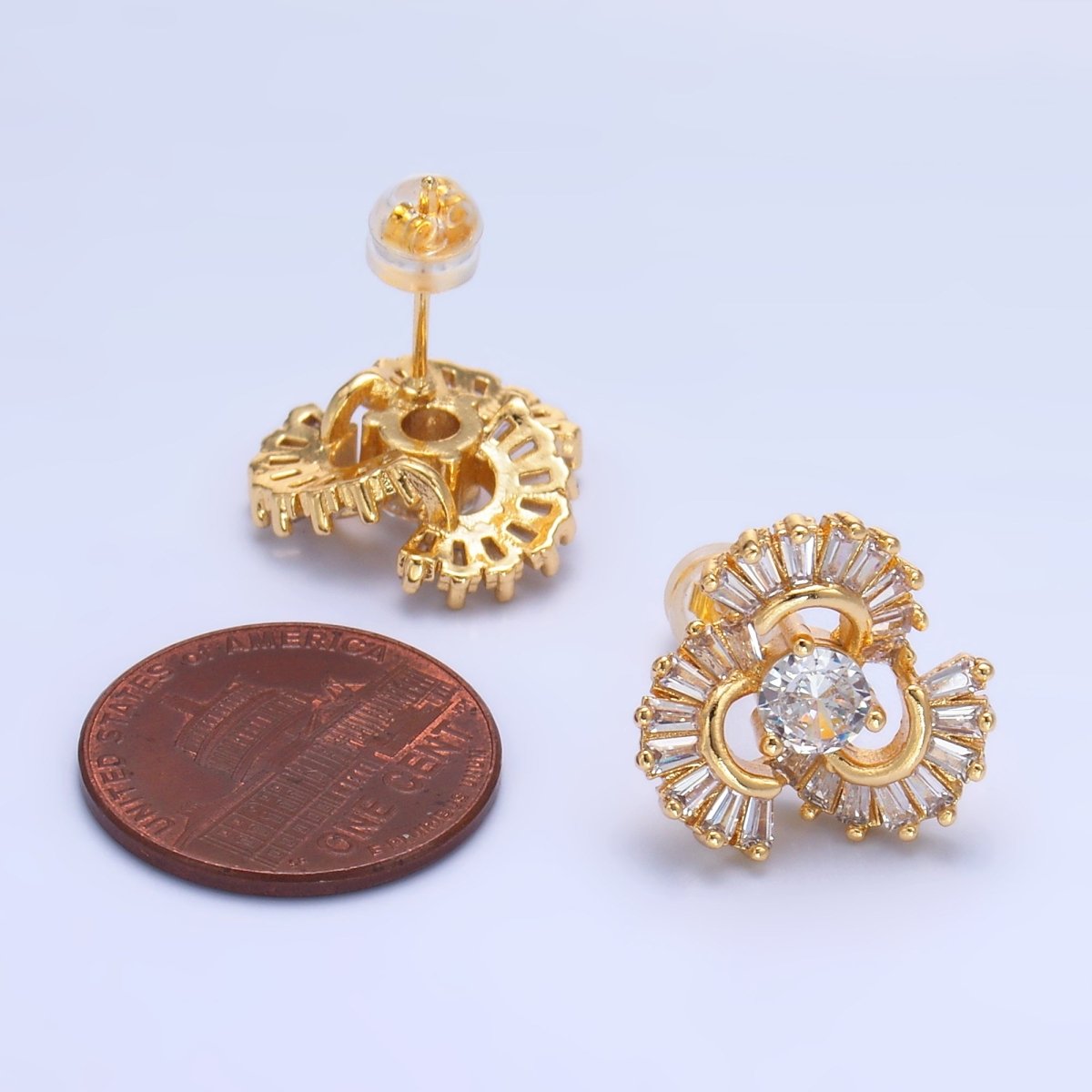 24K Gold Filled CZ Round Baguette Circular Geometric Stud Earrings | AB1441
