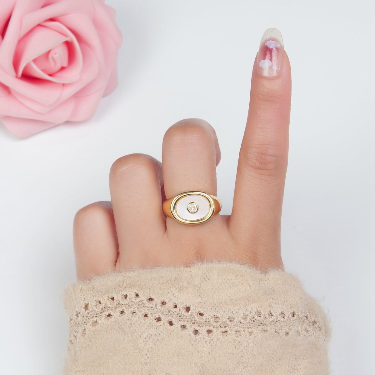 24K Gold Filled CZ Shell Pearl Signet Ring | O1403
