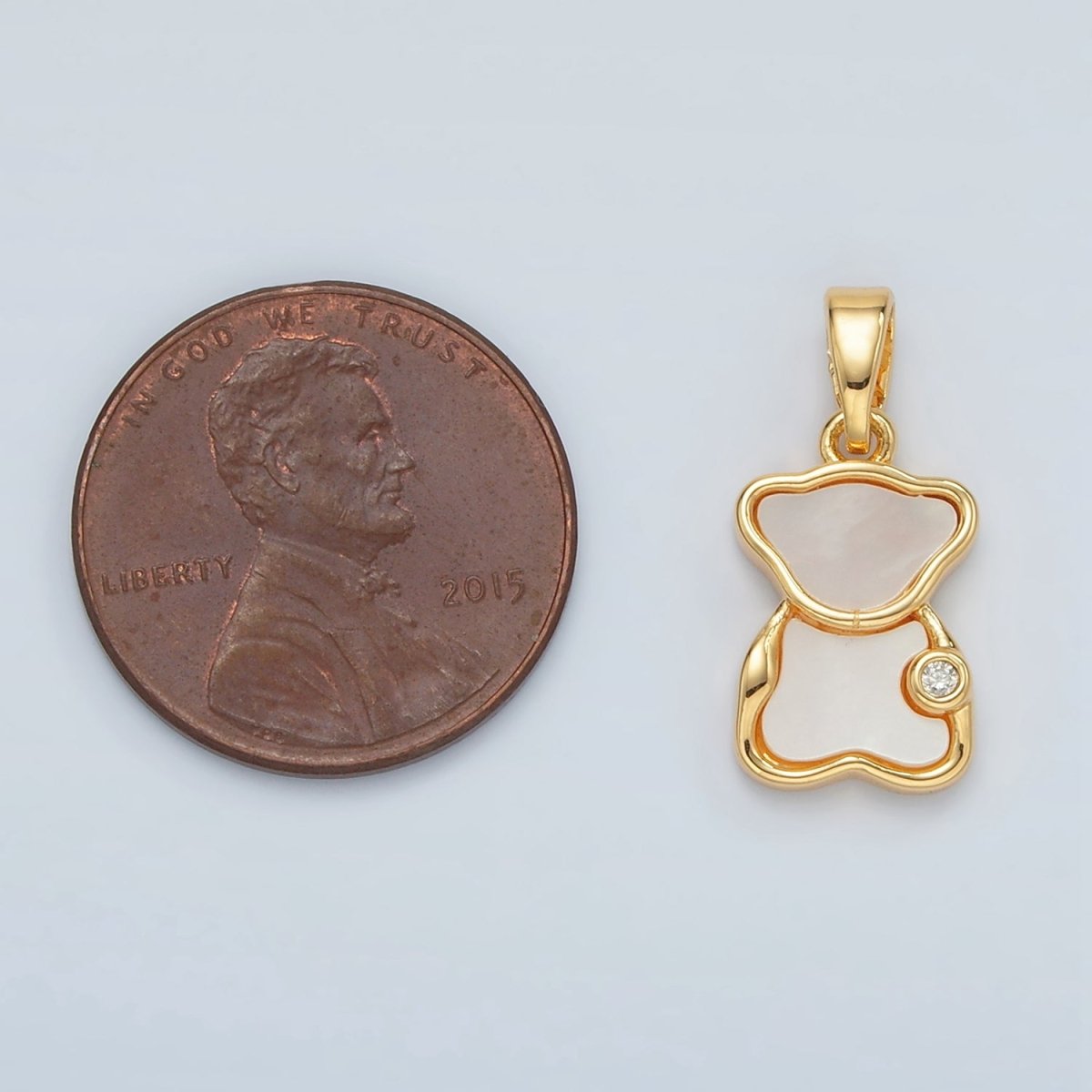24K Gold Filled CZ Shell Pearl Teddy Bear Bezel Pendant | H723