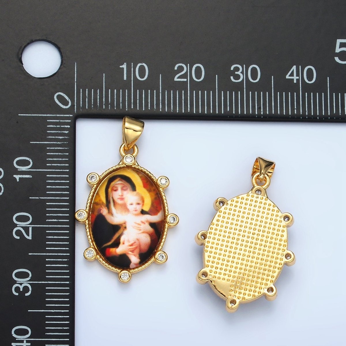 24K Gold Filled CZ Virgin Mary Holding Baby Jesus Oval Religious Pendant | AA-903