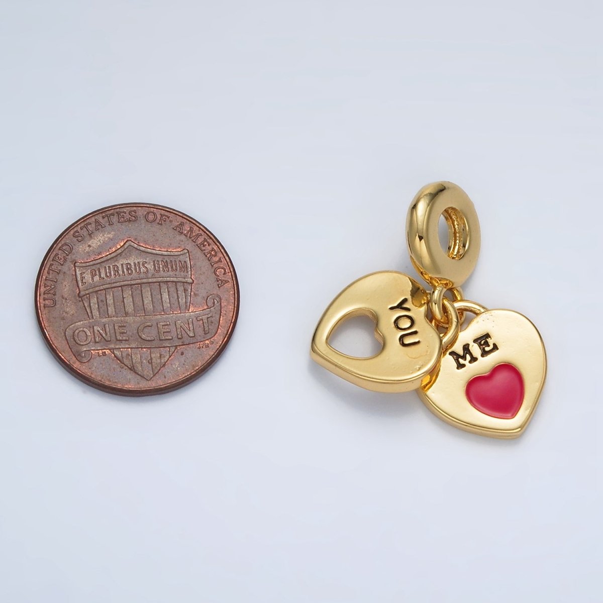 24K Gold Filled Double Heart Padlock "ME" "YOU" Script Rondelle Bail Drop Pendant | AC092