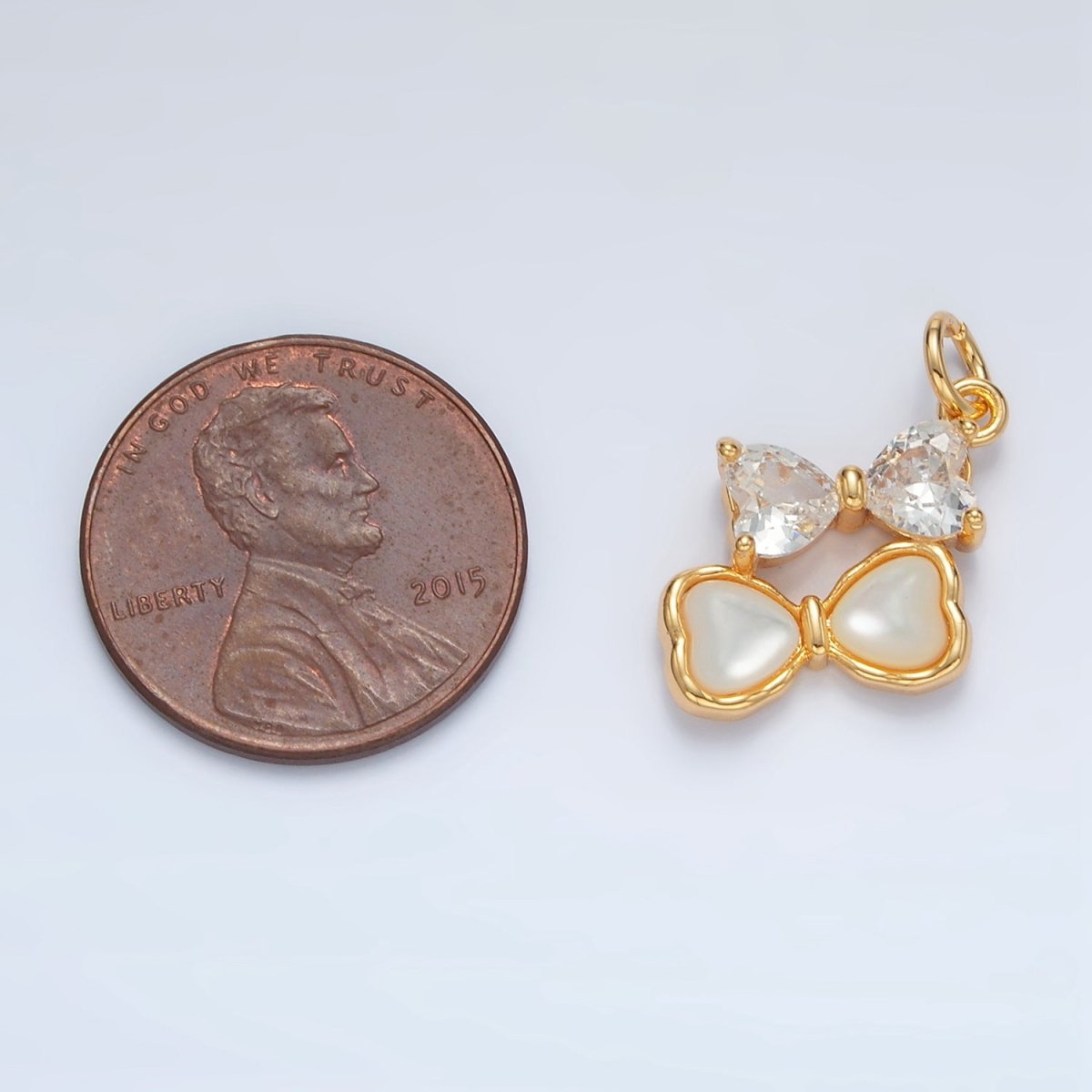 24K Gold Filled Double Ribbon Bow Shell Pearl CZ Charm | AG934
