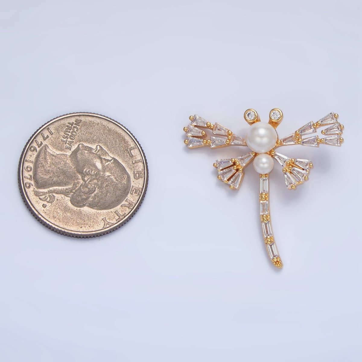 24K Gold Filled Dragonfly Insect Shell Pearl Baguette CZ Pendant | AA951