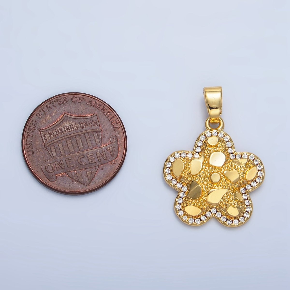 24K Gold Filled Edged Textured Micro Paved CZ Flower Pendant | AA789