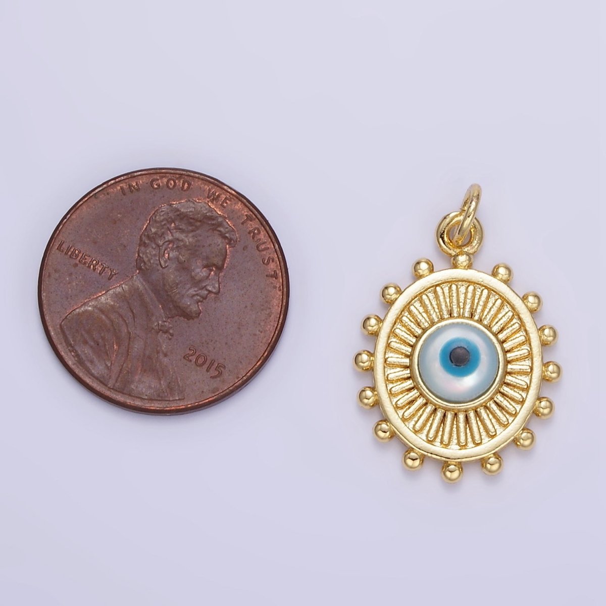 24K Gold Filled Evil Eye Sunburst Dotted Bezel Oval Charm | E364