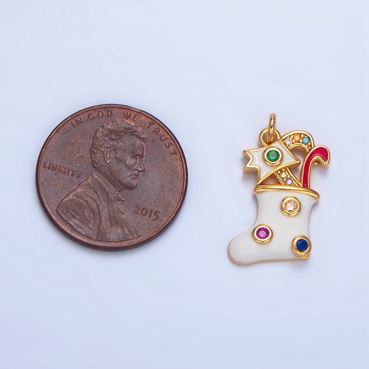 24K Gold Filled Fuchsia, Green CZ Dotted White Enamel Christmas Stocking Sock Charm | X622