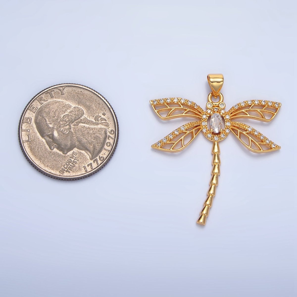 24K Gold Filled Geometric Dragonfly Insect Micro Paved CZ Pendant | AA140
