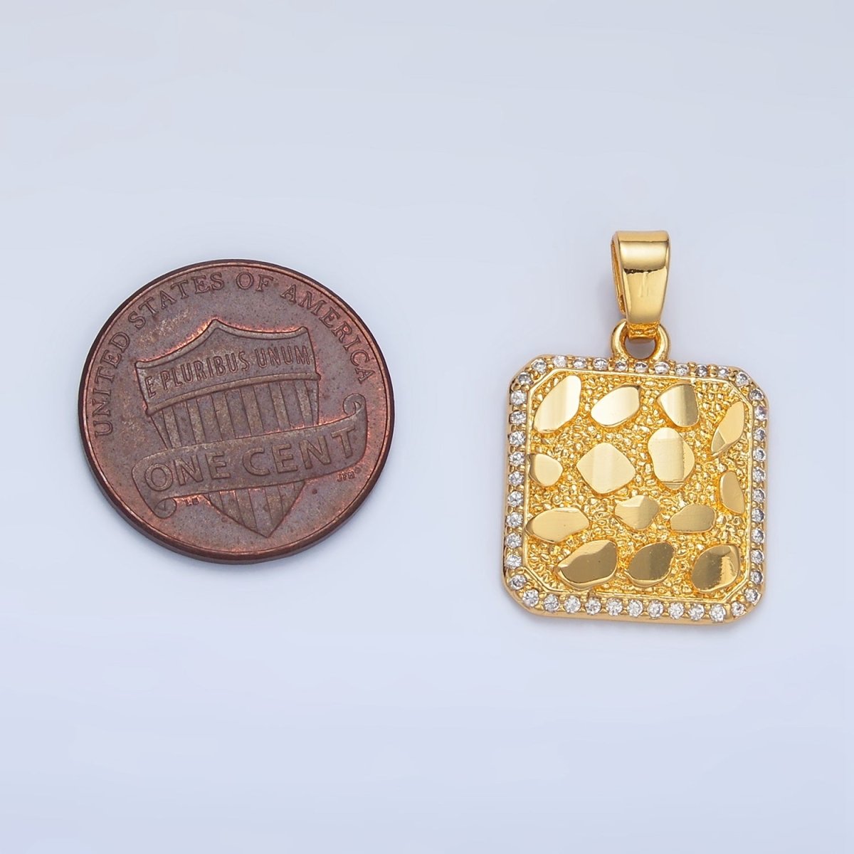 24K Gold Filled Geometric Edged Textured Micro Paved CZ Square Pendant | AA945
